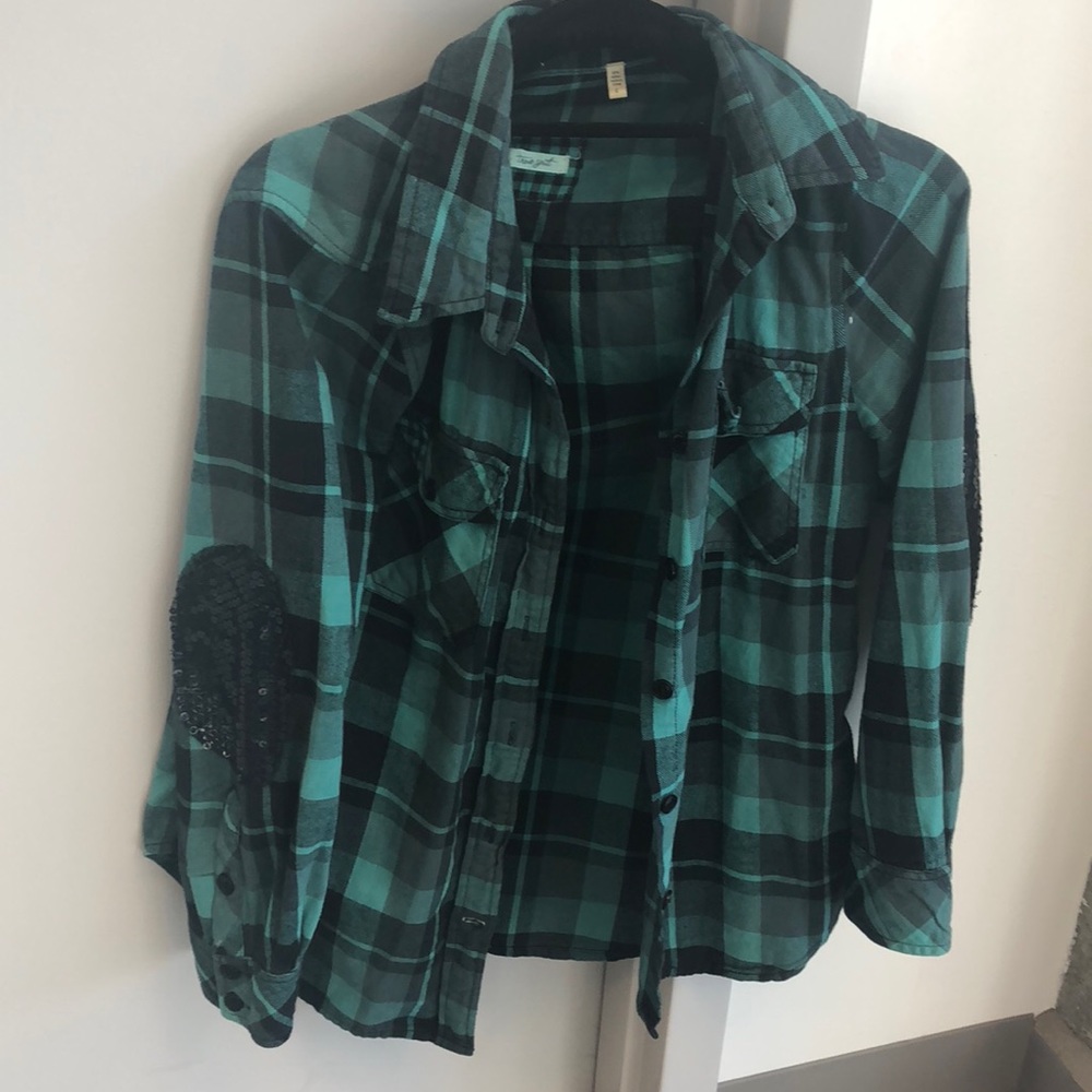 Turquoise and black button up